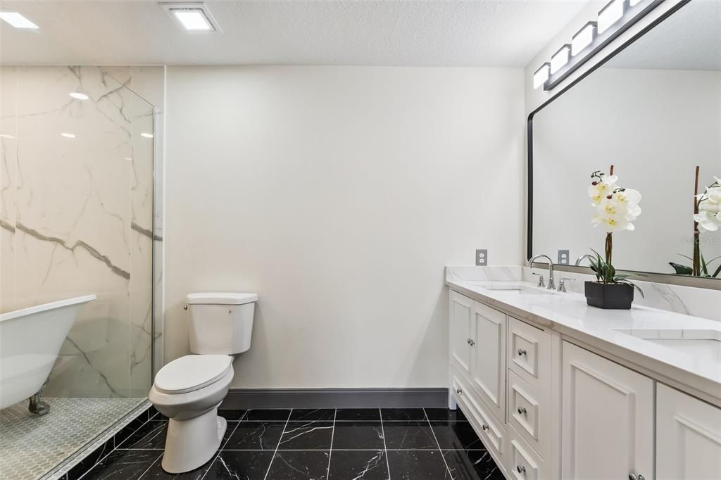 Bathroom, Dual Sink Vanities, Glass Shower, Interior, Marble, Marble Walls