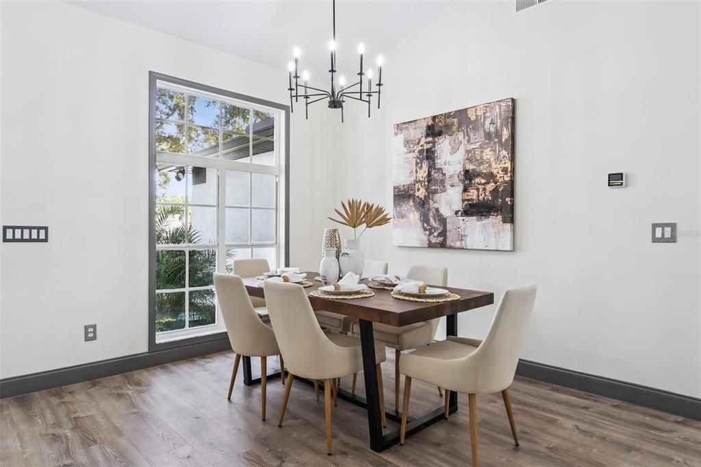 Chandelier, Dining room, Interior, Pendant Lights, Wood Texture Flooring