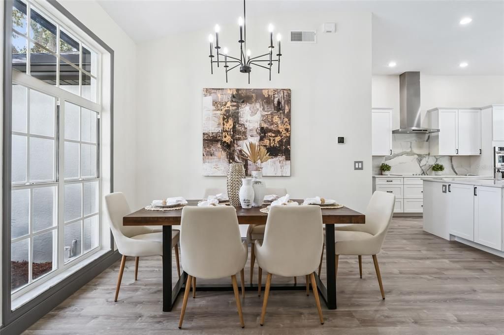 Dining room, Interior, Kitchen, Marble Walls, Pendant Lights, Recessed Lighting, Wood Texture Flooring