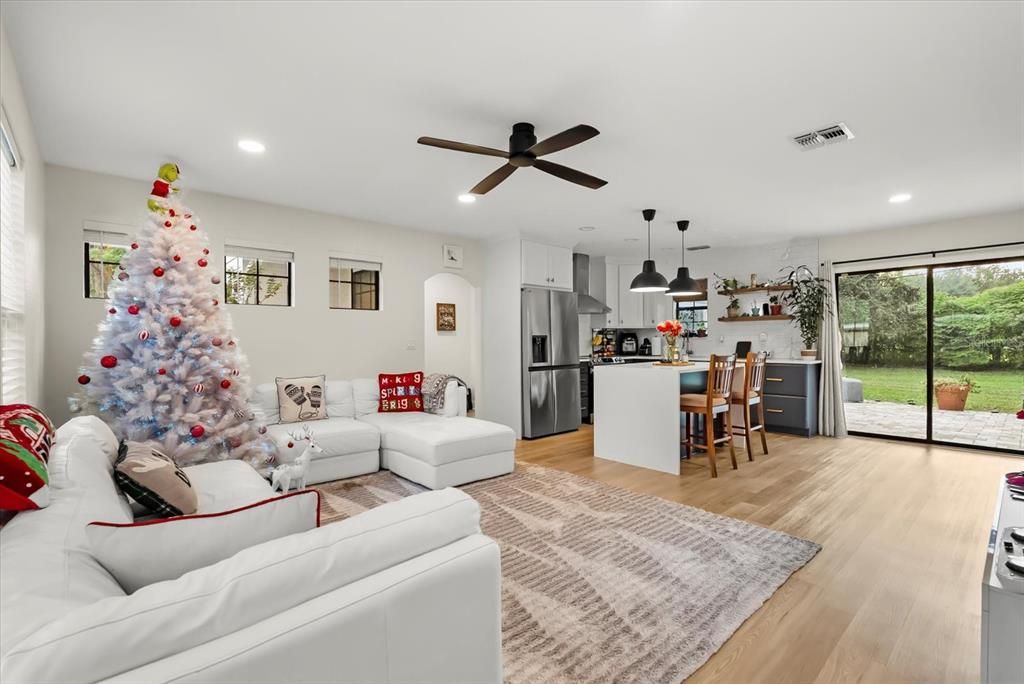 Interior, Kitchen, Living room, Pendant Lights, Recessed Lighting, Stainless Steel Appliances, Wood Texture Flooring