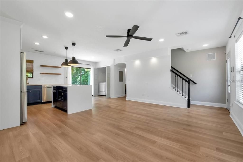 Interior, Kitchen, Pendant Lights, Recessed Lighting, Wood Texture Flooring