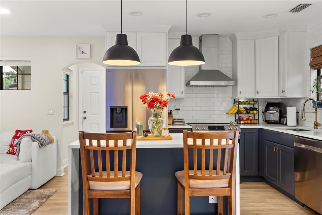 Interior, Kitchen, Pendant Lights, Recessed Lighting, Stainless Steel Appliances, Wood Texture Flooring