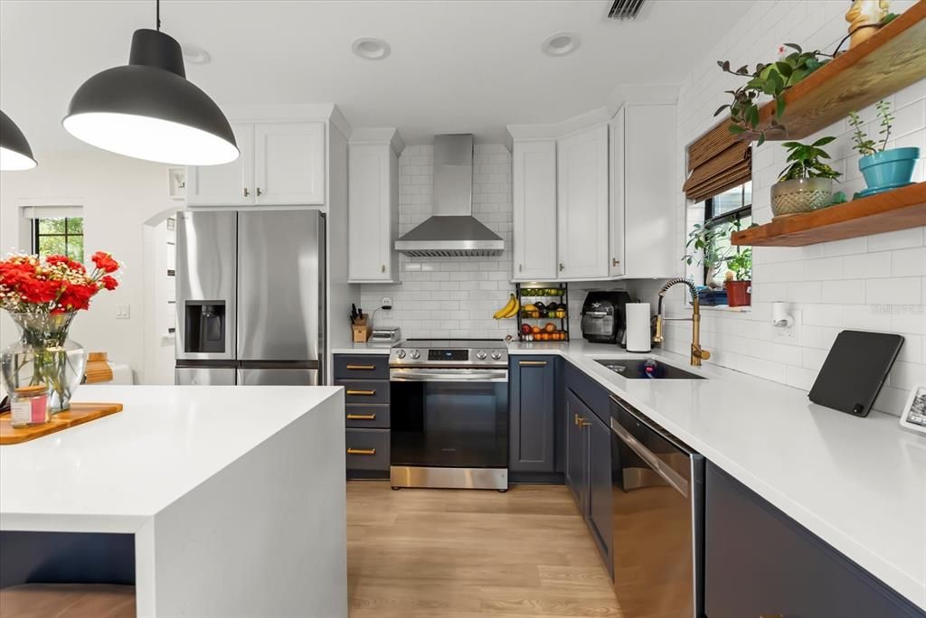 Interior, Kitchen, Pendant Lights, Recessed Lighting, Stainless Steel Appliances, Wood Texture Flooring