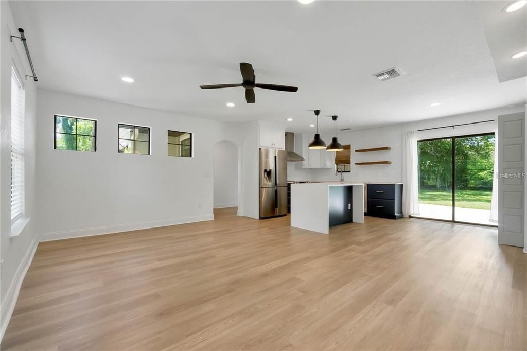 Interior, Kitchen, Pendant Lights, Recessed Lighting, Wood Texture Flooring