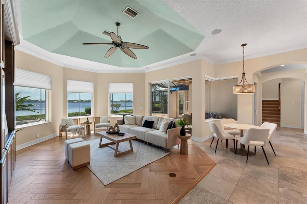 Dining room, Interior, Living room, Pendant Lights, Water, Wood Texture Flooring