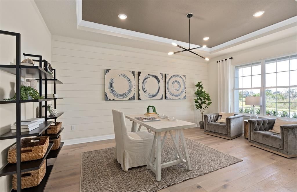 Home Office, Interior, Pendant Lights, Recessed Lighting, Wood Texture Flooring