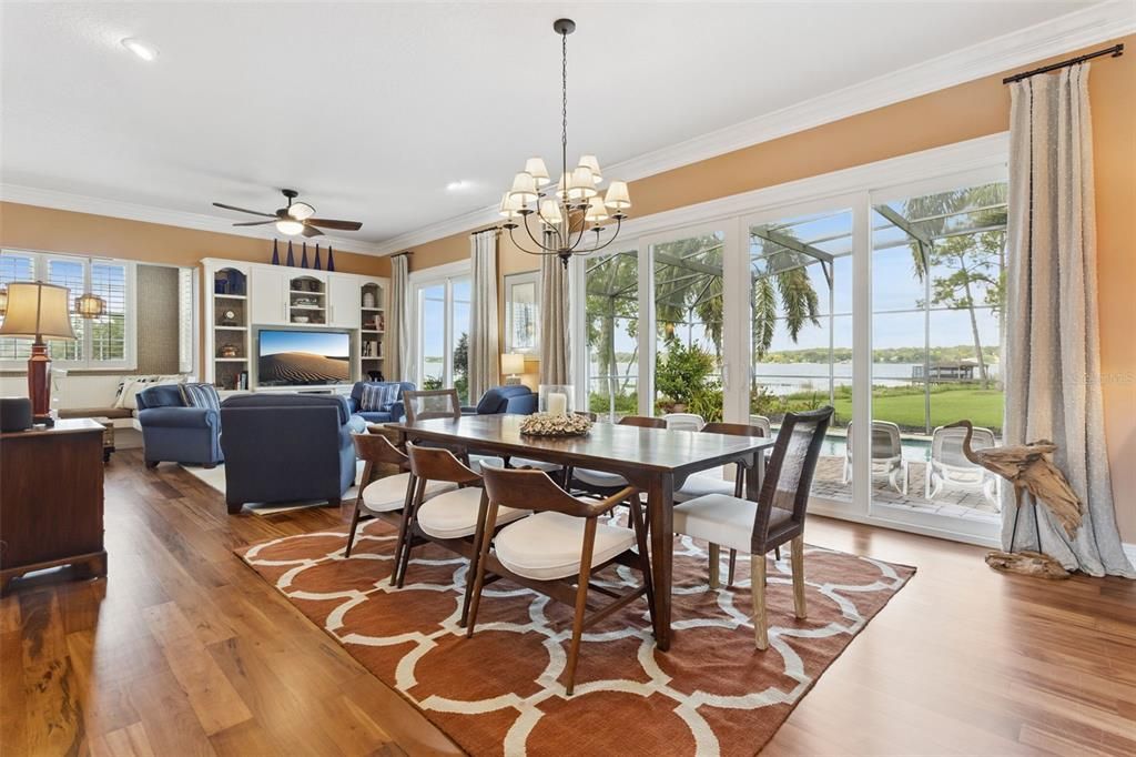 Chandelier, Dining room, Interior, Living room, Recessed Lighting, Wood Texture Flooring
