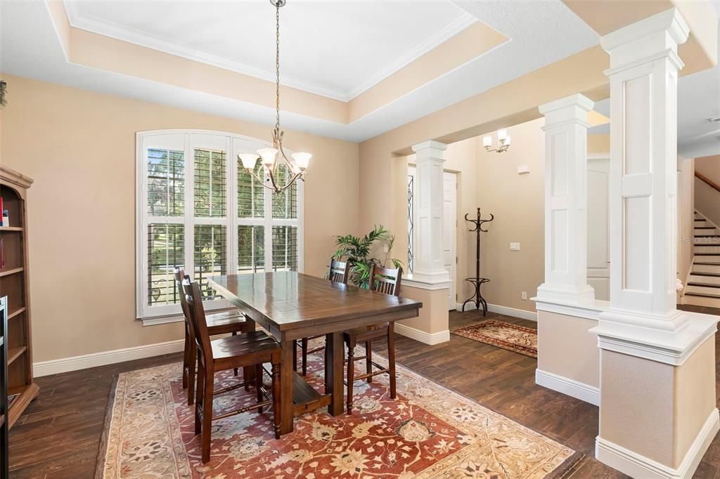 Chandelier, Dining room, Interior, Wood Texture Flooring