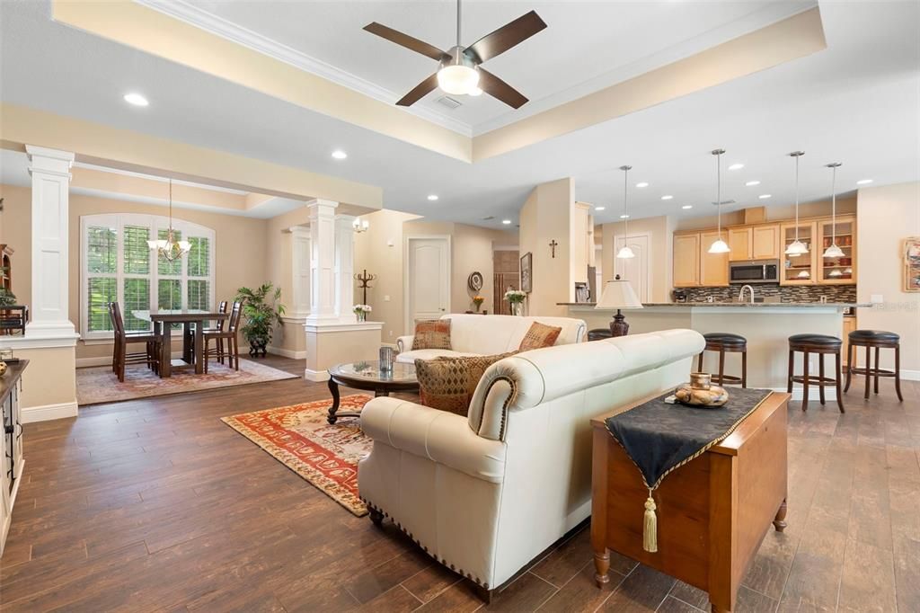 Dining room, Interior, Kitchen, Living room, Pendant Lights, Recessed Lighting, Wood Texture Flooring