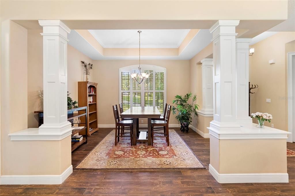 Chandelier, Dining room, Interior, Pendant Lights, Wood Texture Flooring