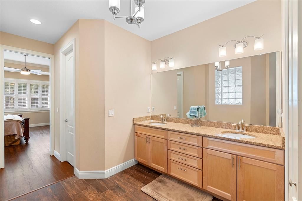 Bathroom, Dual Sink Vanities, Interior, Recessed Lighting, Wood Texture Flooring