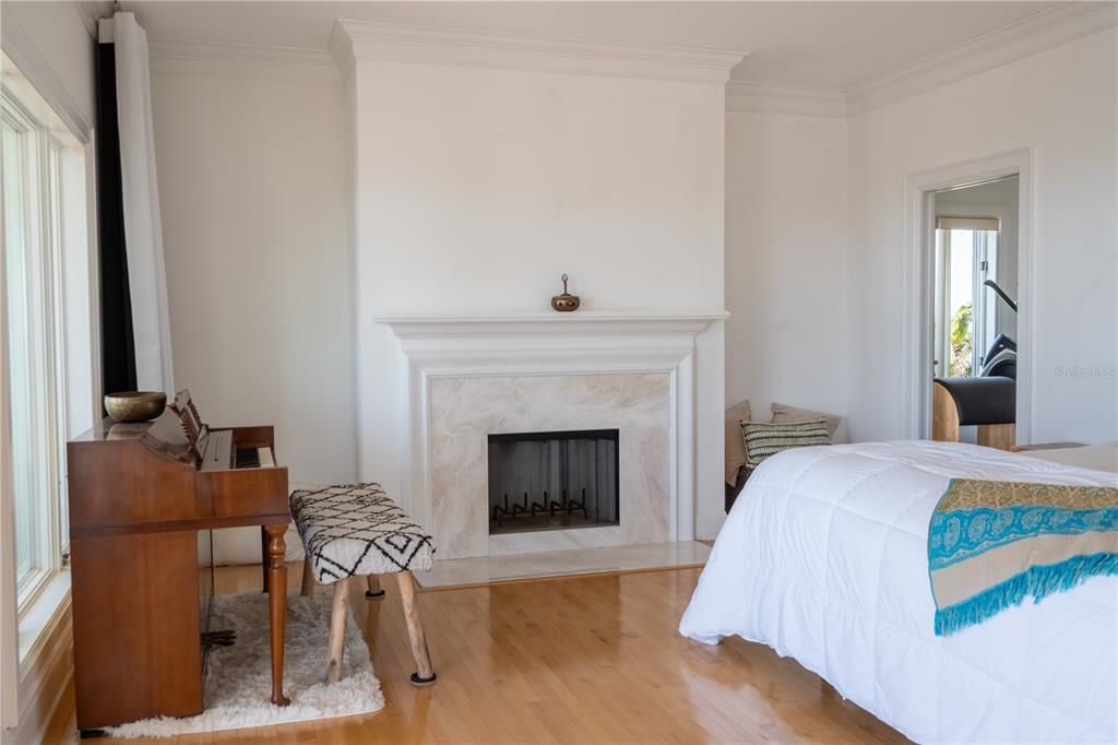 Bedroom, Fireplace, Interior, Wood Texture Flooring
