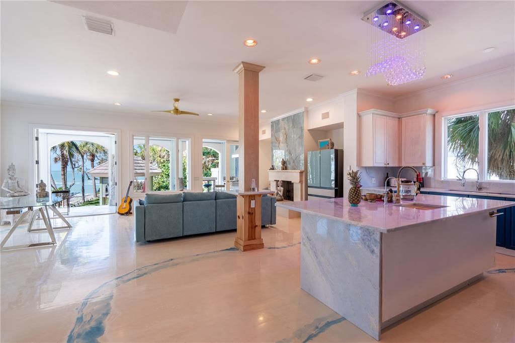 Fireplace, Interior, Kitchen, Living room, Recessed Lighting, Water