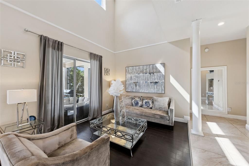 Interior, Living room, Recessed Lighting, Wood Texture Flooring