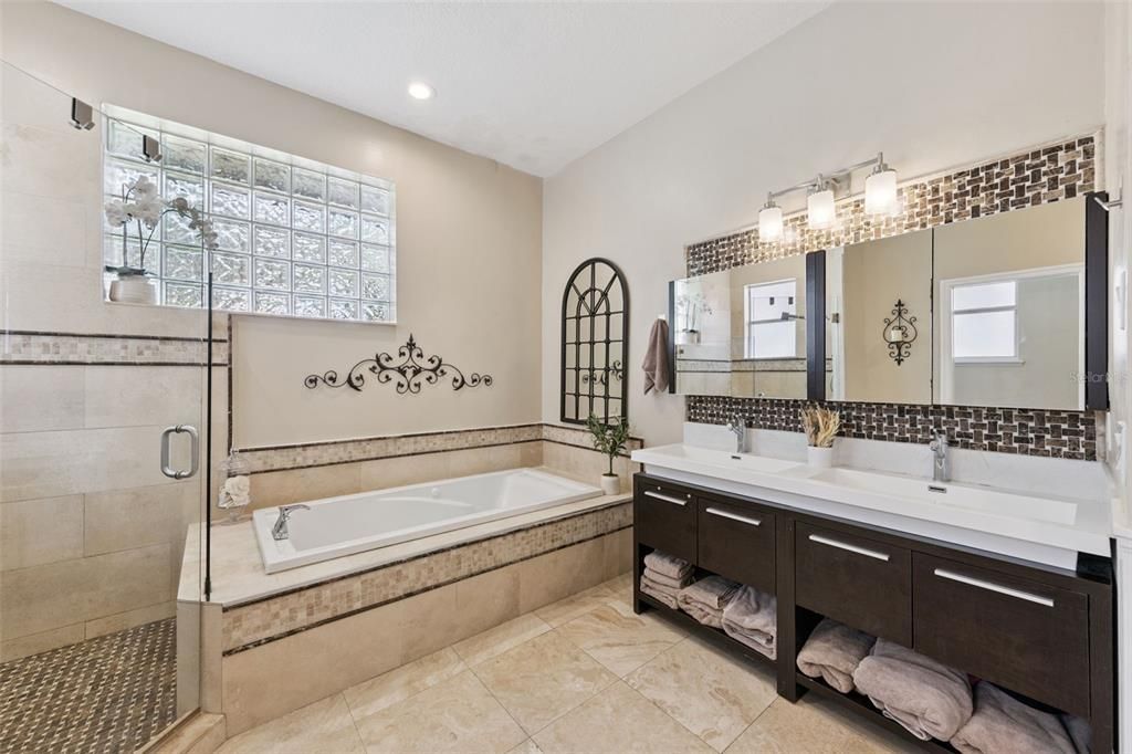 Bathroom, Dual Sink Vanities, Glass Shower, Interior, Recessed Lighting