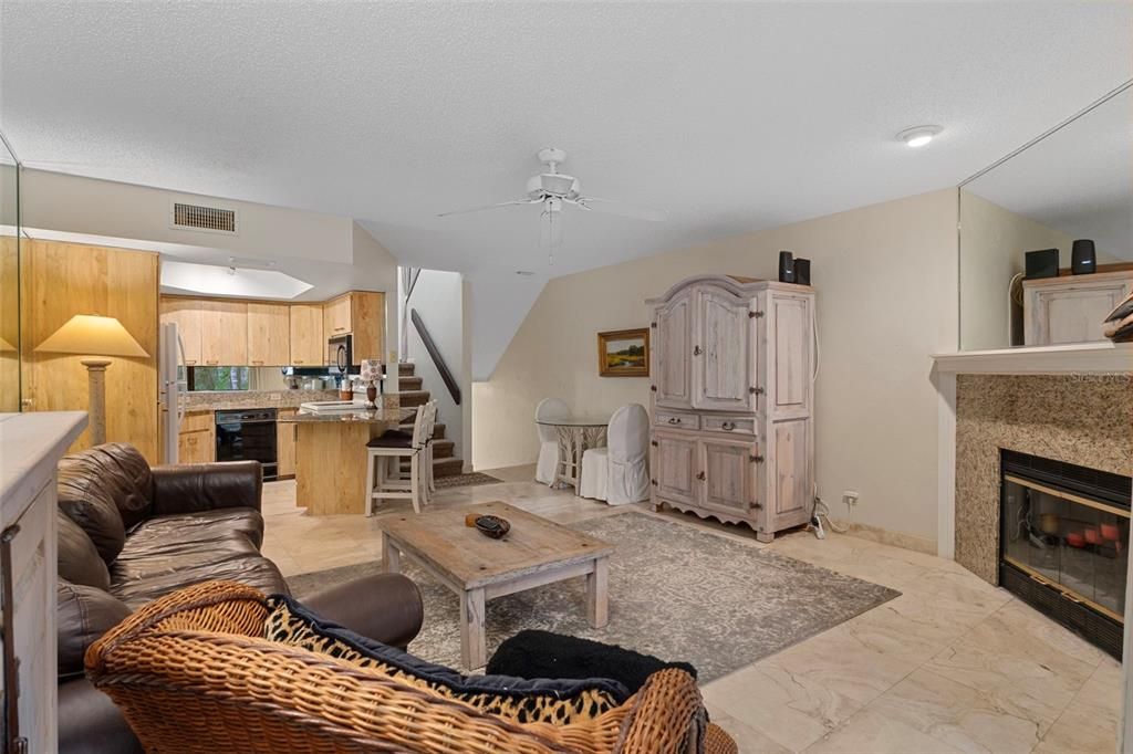 Fireplace, Interior, Kitchen, Living room, Marble, Recessed Lighting
