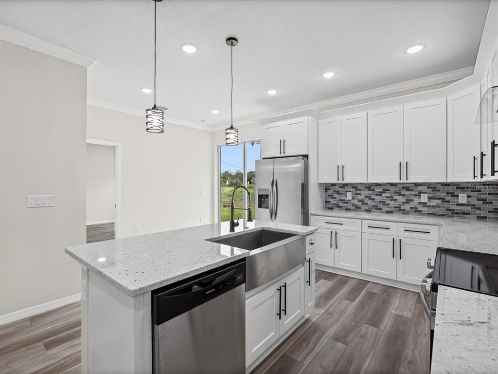 Interior, Kitchen, Pendant Lights, Recessed Lighting, Stainless Steel Appliances, Wood Texture Flooring