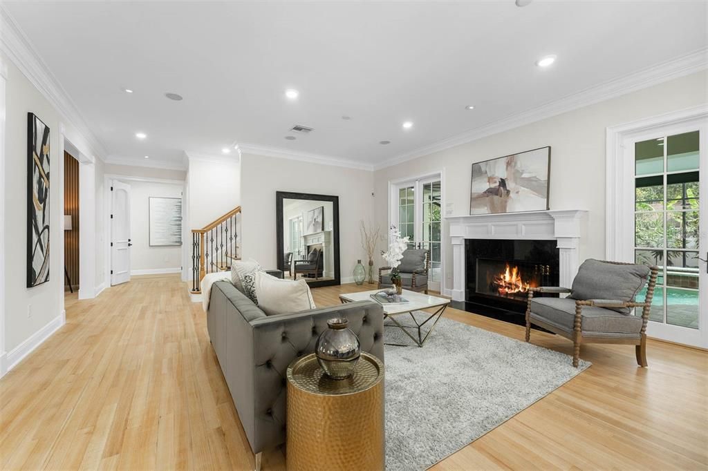 Fireplace, Interior, Living room, Recessed Lighting, Wood Texture Flooring