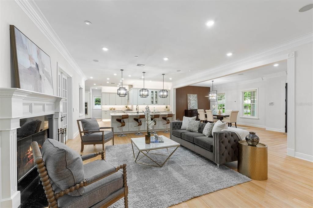 Dining room, Fireplace, Interior, Kitchen, Living room, Pendant Lights, Recessed Lighting, Wood Texture Flooring