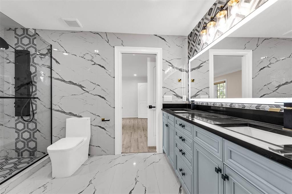 Bathroom, Interior, Marble, Marble Walls, Wood Texture Flooring