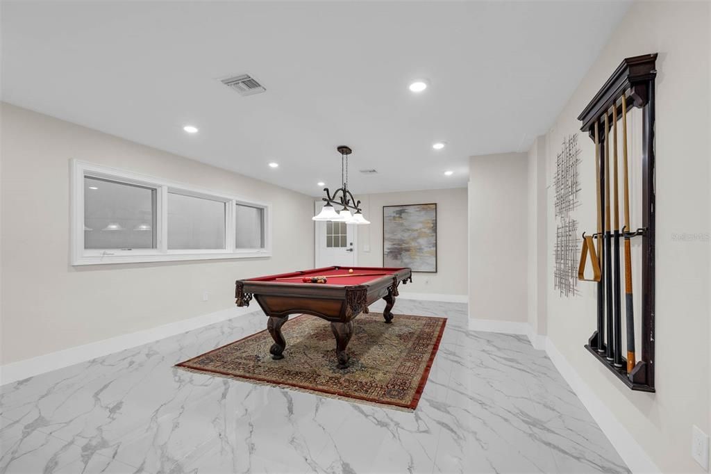 Billiard Table, Game Room, Interior, Marble, Pendant Lights, Recessed Lighting
