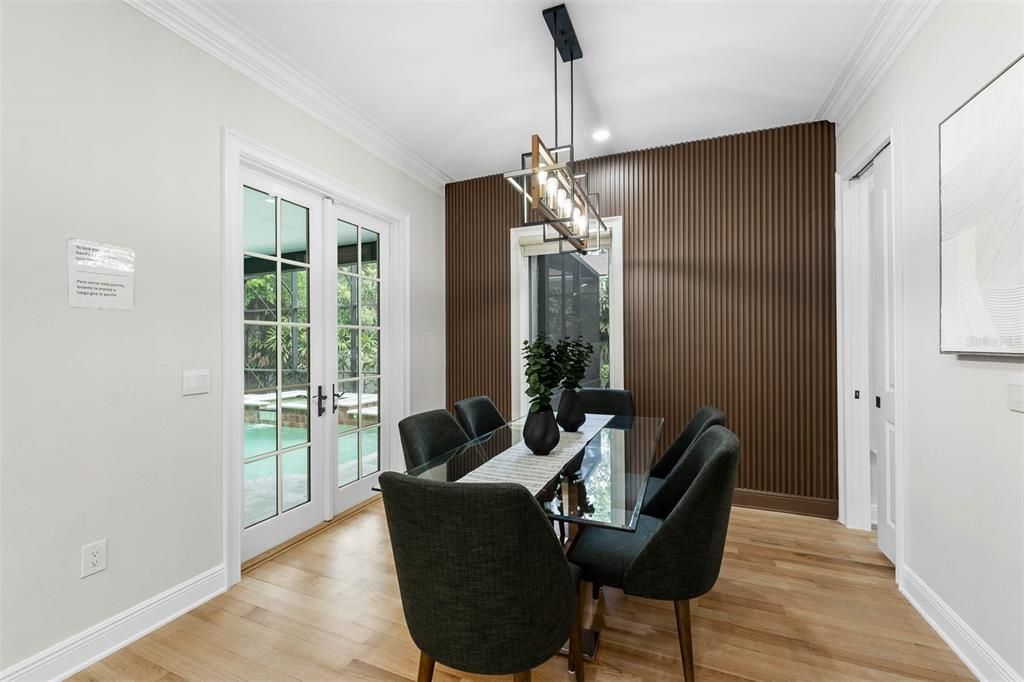 Chandelier, Dining room, Interior, Pendant Lights, Recessed Lighting, Wood Texture Flooring