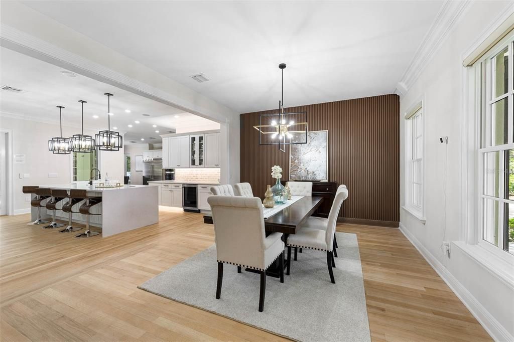 Dining room, Interior, Kitchen, Pendant Lights, Recessed Lighting, Wood Texture Flooring