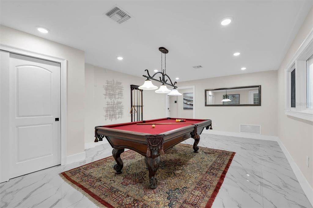 Billiard Table, Game Room, Interior, Marble, Pendant Lights, Recessed Lighting