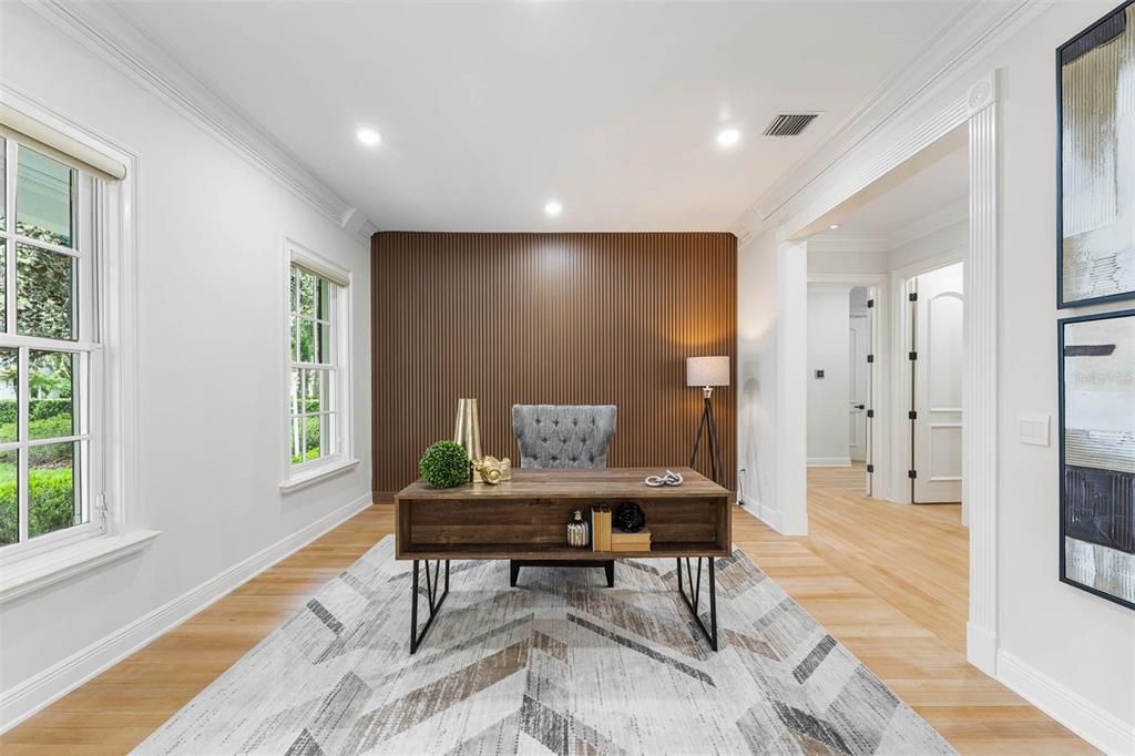 Home Office, Interior, Recessed Lighting, Wood Texture Flooring