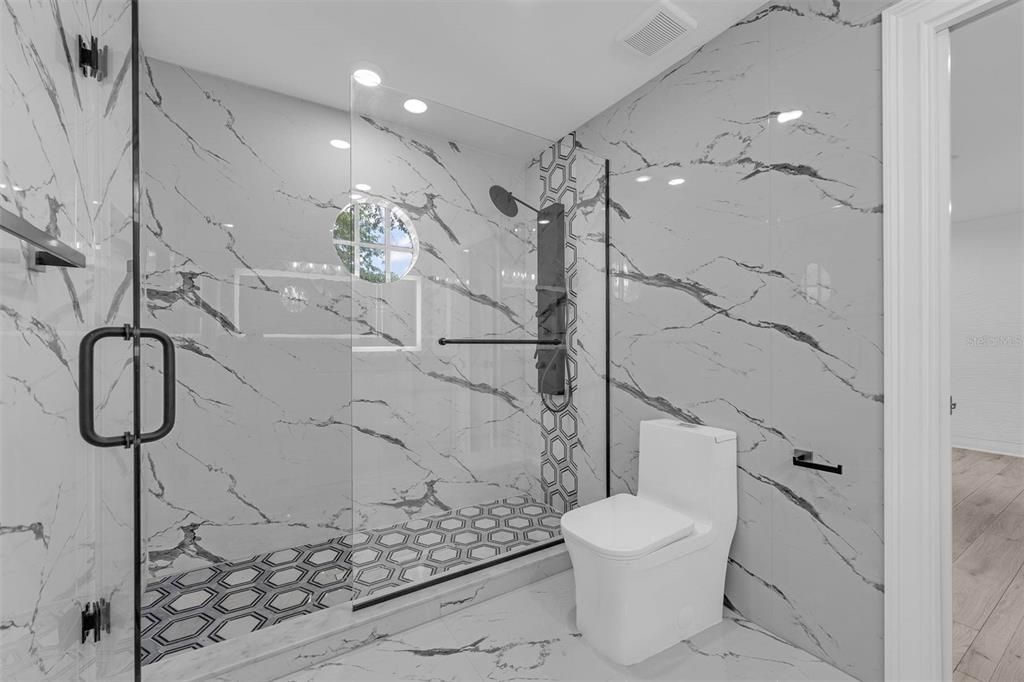 Bathroom, Glass Shower, Interior, Marble, Marble Walls, Recessed Lighting