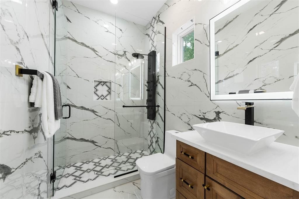 Bathroom, Glass Shower, Interior, Marble Walls, Recessed Lighting