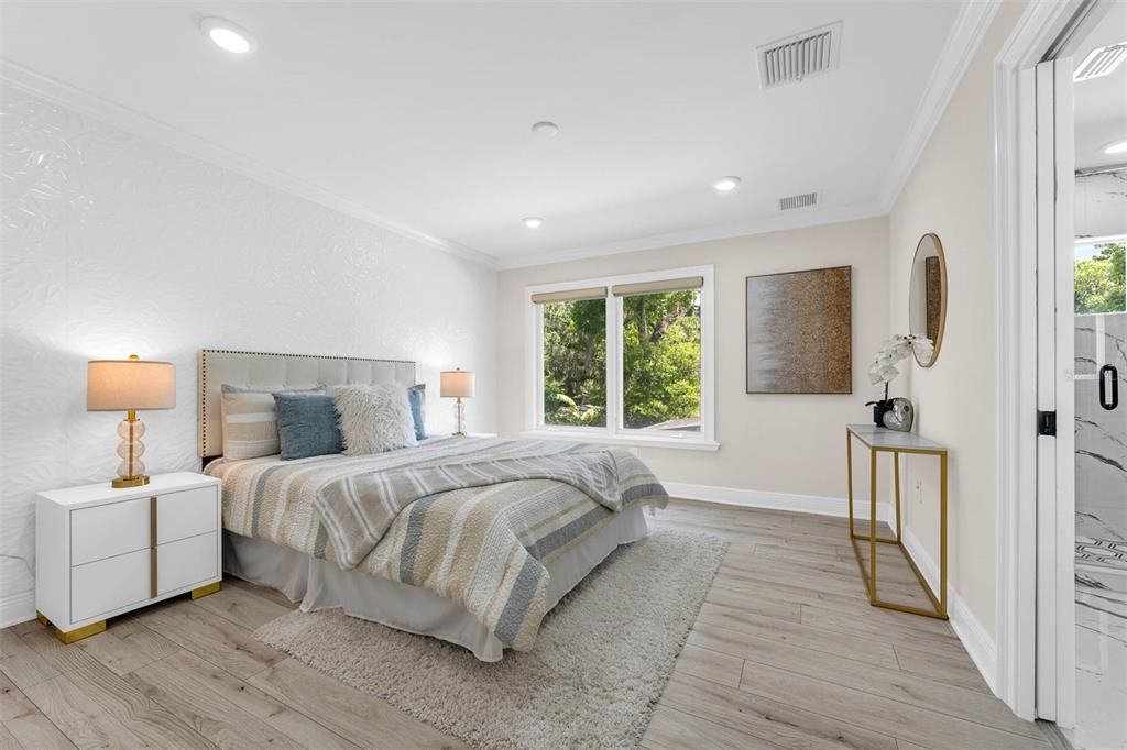 Bedroom, Interior, Recessed Lighting, Wood Texture Flooring