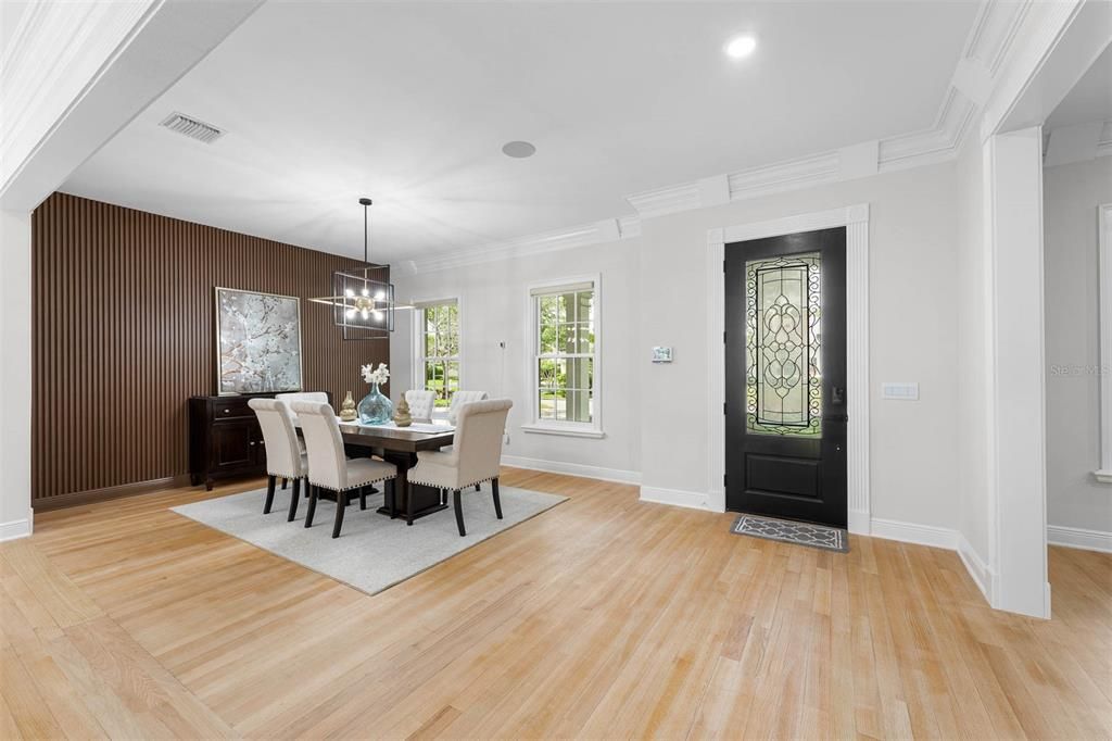 Dining room, Interior, Pendant Lights, Recessed Lighting, Wood Texture Flooring