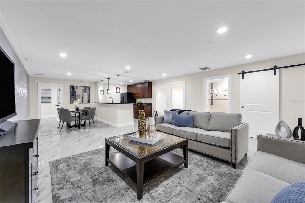 Dining room, Interior, Kitchen, Living room, Marble, Pendant Lights, Recessed Lighting