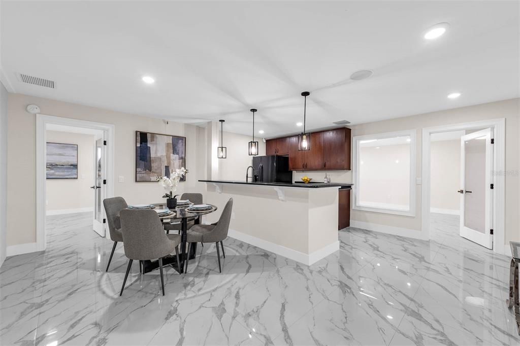 Dining room, Interior, Kitchen, Marble, Pendant Lights, Recessed Lighting