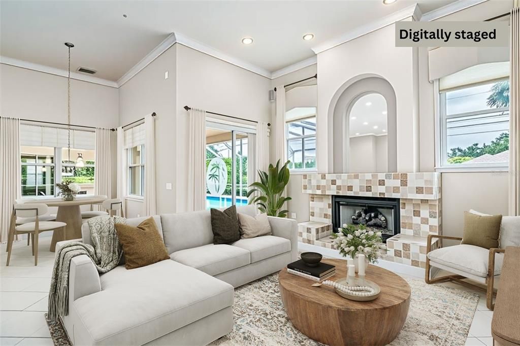 Dining room, Fireplace, Interior, Living room, Pendant Lights, Recessed Lighting