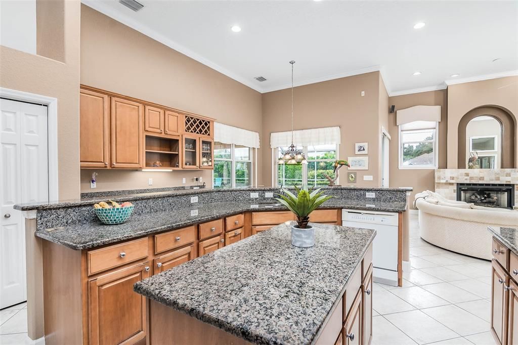 Fireplace, Interior, Kitchen, Living room, Pendant Lights, Recessed Lighting