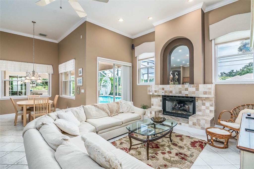 Dining room, Fireplace, Interior, Living room, Pendant Lights, Recessed Lighting