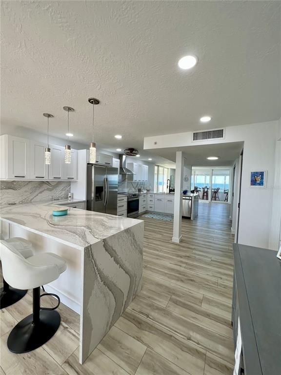 Interior, Kitchen, Pendant Lights, Recessed Lighting, Stainless Steel Appliances, Water, Wood Texture Flooring