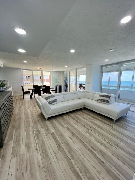 Dining room, Interior, Living room, Recessed Lighting, Water, Wood Texture Flooring