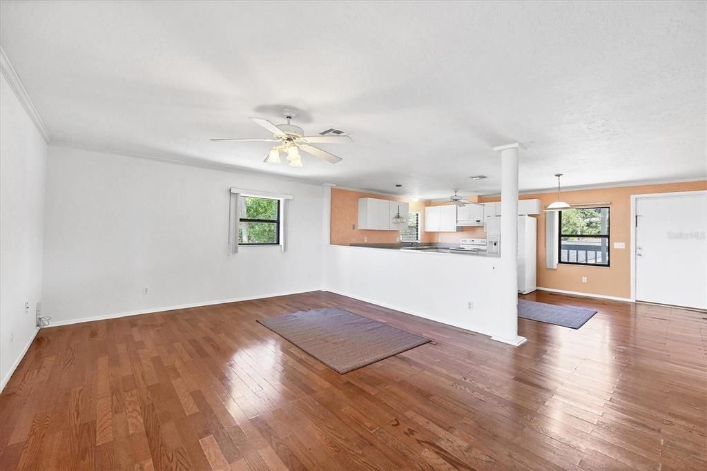 Empty room, Interior, Kitchen, Pendant Lights, Wood Texture Flooring