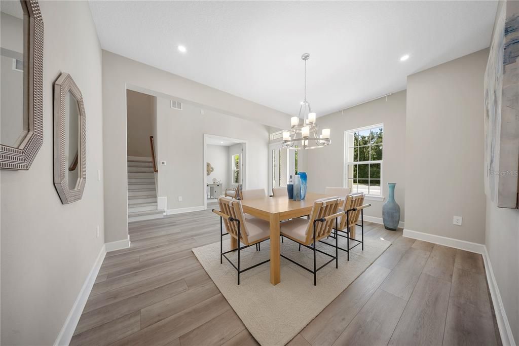 Chandelier, Dining room, Interior, Pendant Lights, Recessed Lighting, Wood Texture Flooring