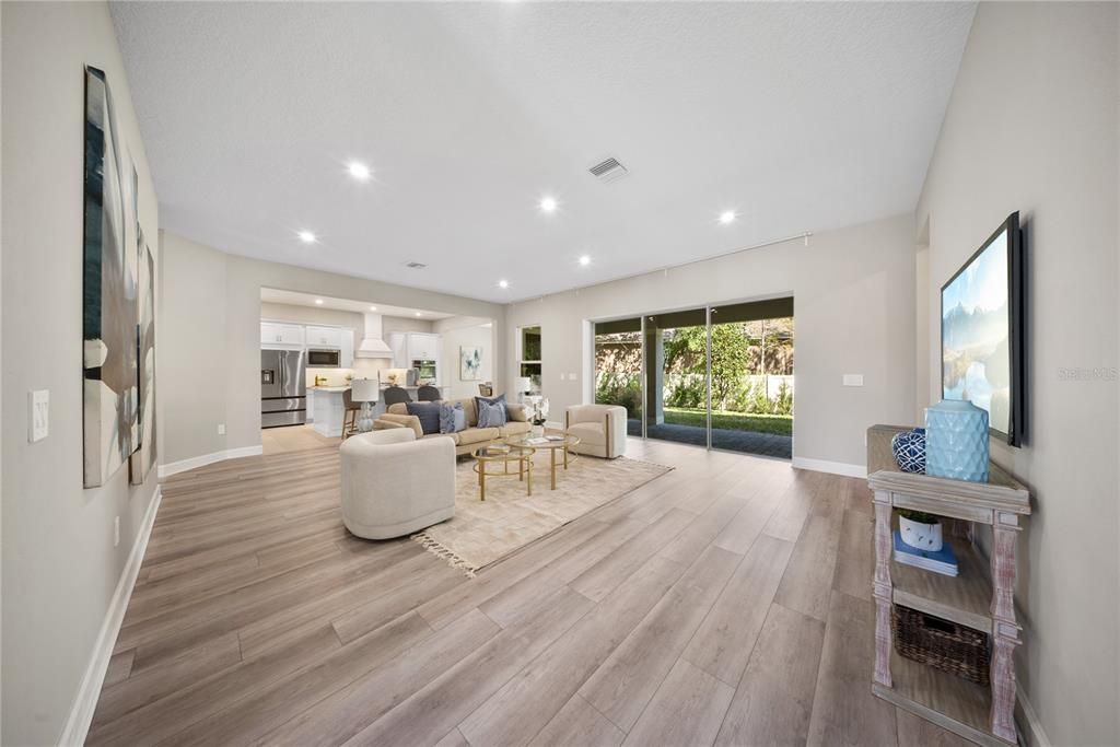 Interior, Kitchen, Living room, Recessed Lighting, Stainless Steel Appliances, Wood Texture Flooring