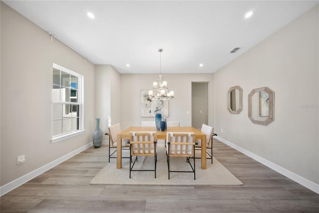 Chandelier, Dining room, Interior, Recessed Lighting, Wood Texture Flooring