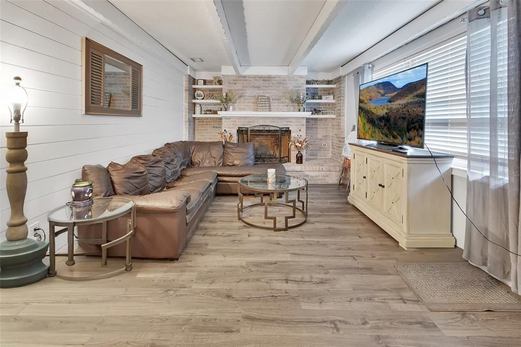 Fireplace, Interior, Living room, Stone Walls, Wood Texture Flooring