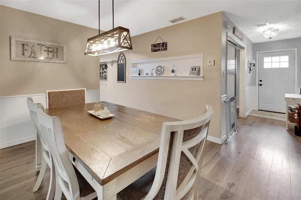 Dining room, Interior, Pendant Lights, Wood Texture Flooring