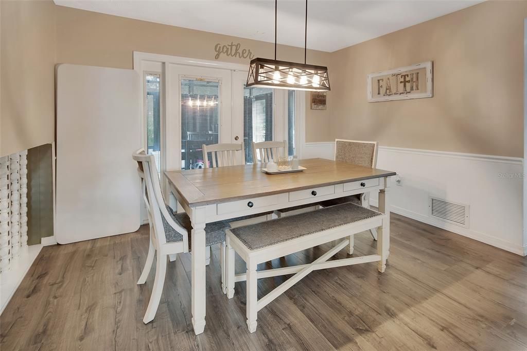 Dining room, Interior, Pendant Lights, Wood Texture Flooring