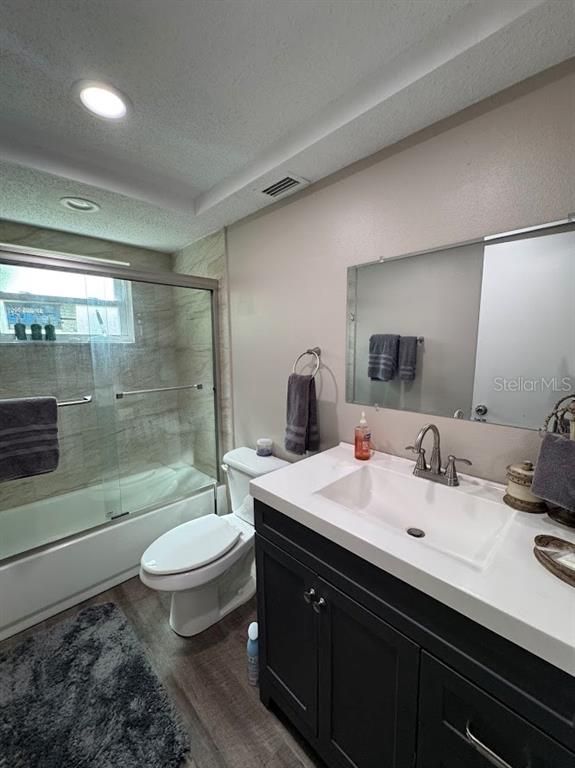 Bathroom, Glass Shower, Interior, Recessed Lighting, Wood Texture Flooring