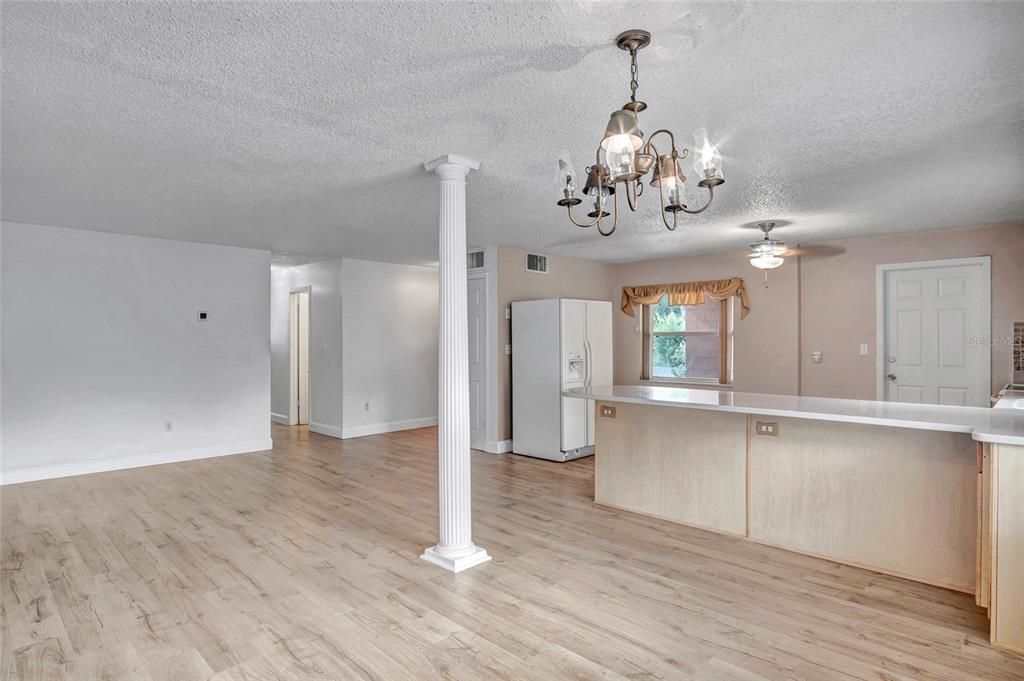Chandelier, Empty room, Interior, Kitchen, Wood Texture Flooring