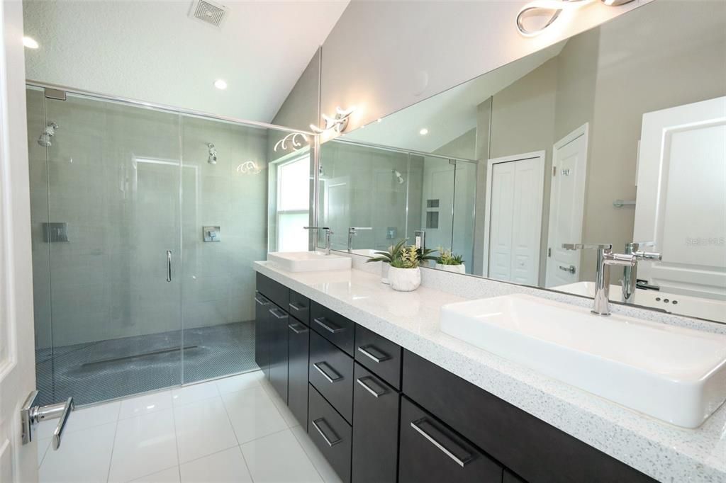 Bathroom, Dual Sink Vanities, Glass Shower, Interior, Recessed Lighting